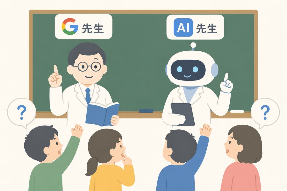 黒板の前に「Google先生」と「AI先生」が並び、子どもたちが「？」を浮かべて手を挙げているイラスト